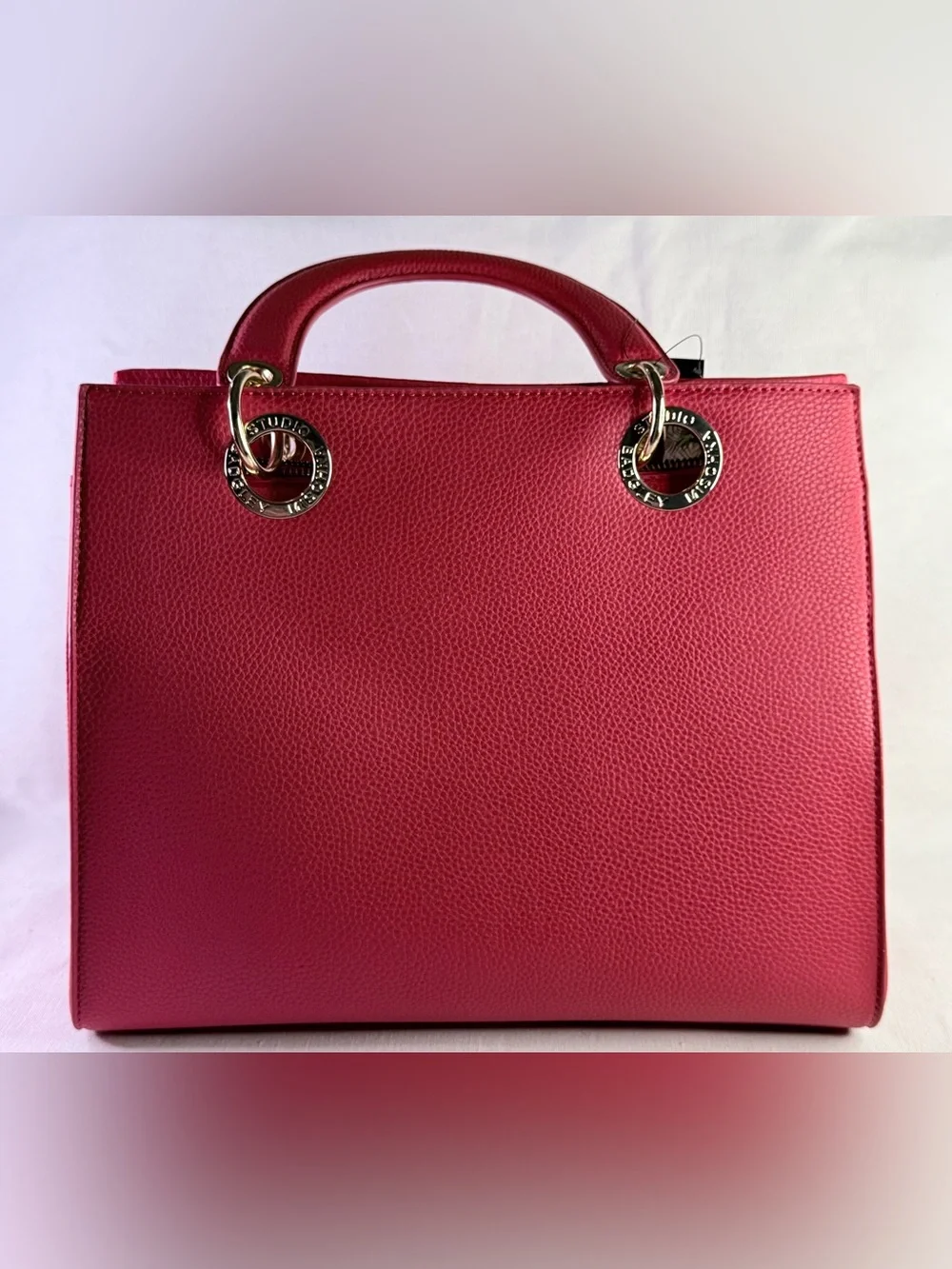 Bradley Mischka Red Satchel Bag with Crossbody/Shoulder Strap and Gold Hardware
